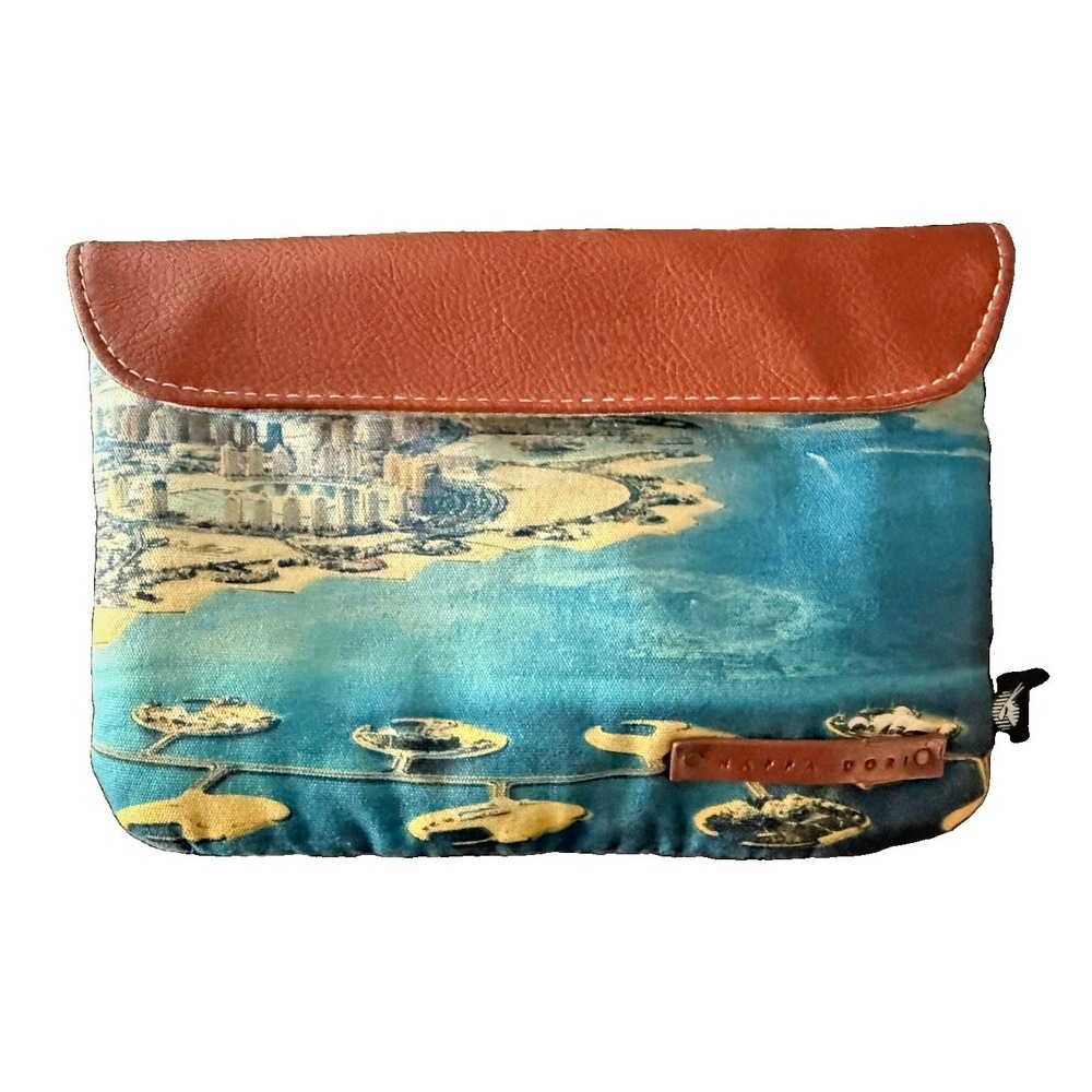 Nappa Dori Qatar Airways Clutch Unisex Blue Brown Doha City Print Leather Canvas